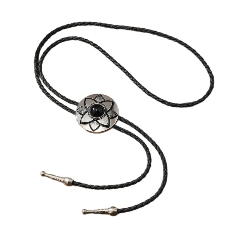 Western Bolo Tie Neckties Necklace with Metal Flower Cowboy Hat Pendant