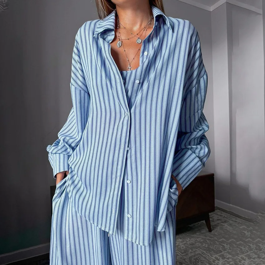 2024 Blue Striped Printed Women's Loungewear Vest Cardigan Long Sleeve Long Pants Pajamas 3-Piece Set Sleepwewar for Sleeping