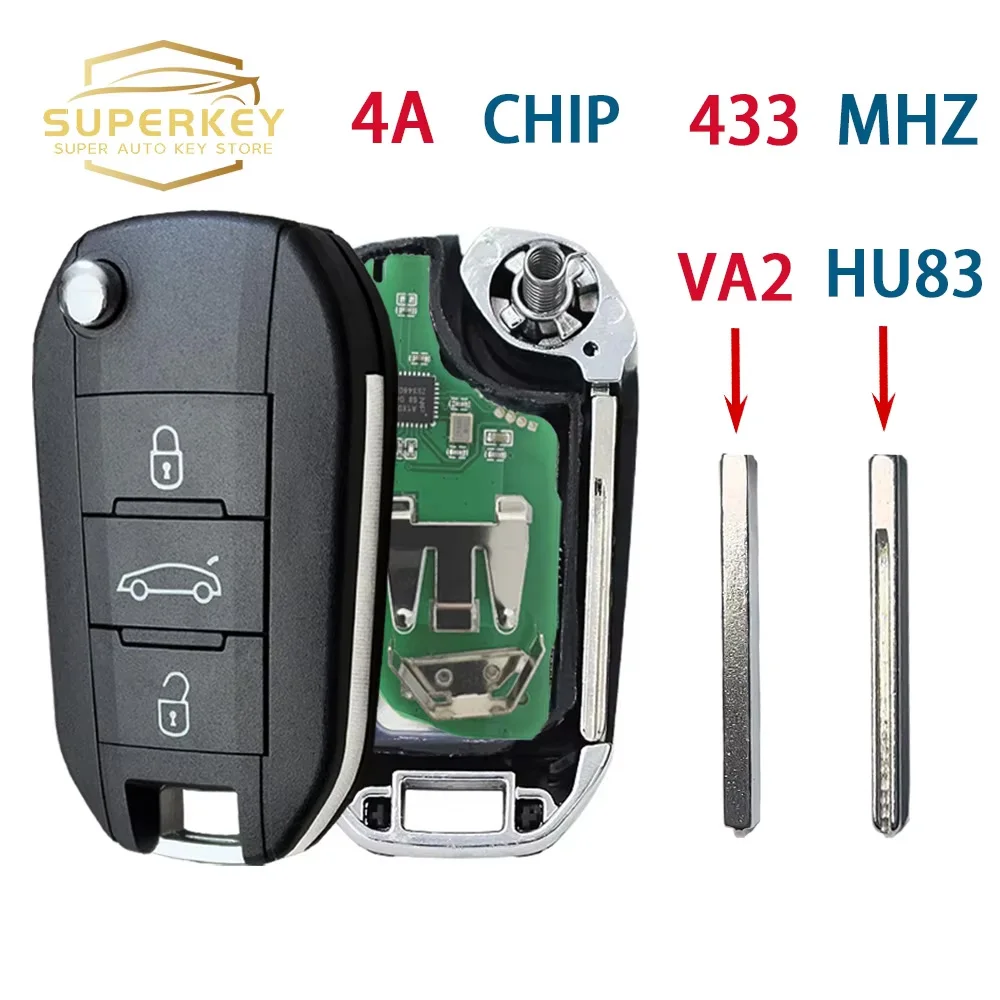 

SUPERKEY для Peugeot 308 4008 для Citroen C3 C5 C6 HU83 VA2, кнопки багажника, откидной пульт дистанционного управления, складной автомобильный ключ, чип 433 МГц, 4A
