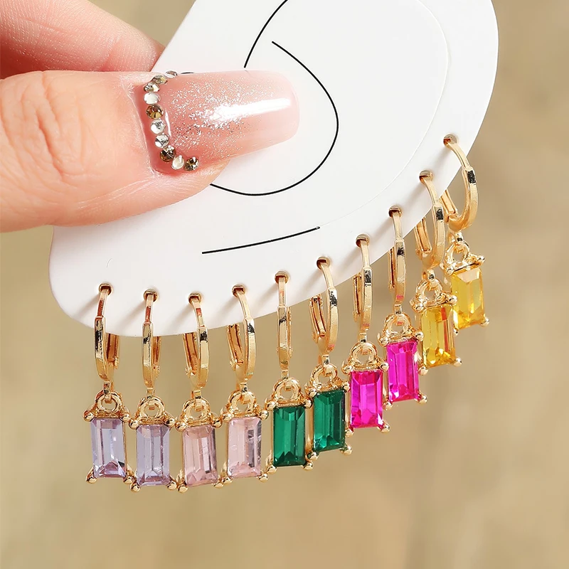 5 Paris Earrings Set Multicolor Stone Gold-Color Matel Small Hoop Earrings Square Water Drop Cute Sweet Fashion Jewelry Gift