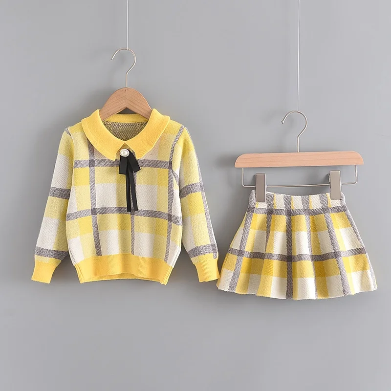 Bär Führer Winter Prinzessin Outfits Mädchen Plaid süße Kleidung setzt Mode Kinder Baby Strick pullover mit Schleife Rüschen Rock