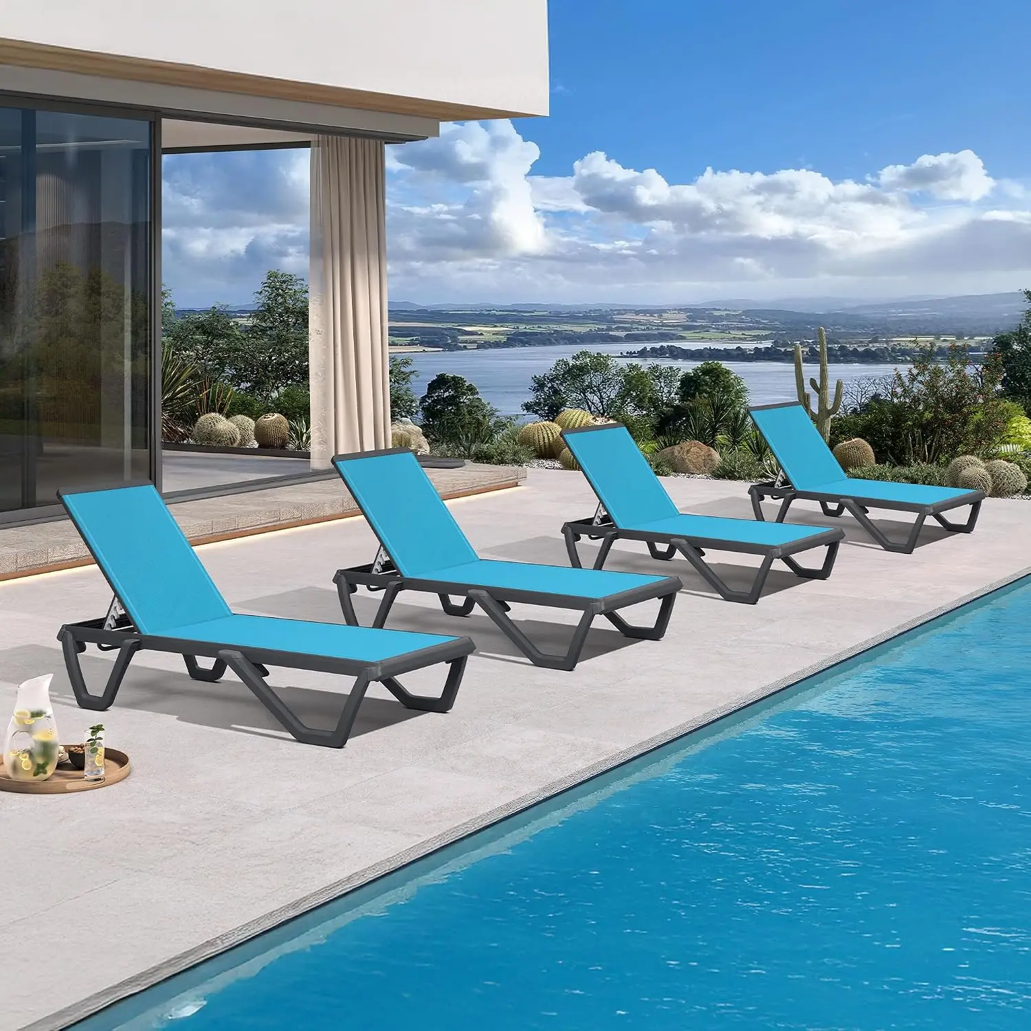 Patio Chaise Lounge Set of 4 Plastic Outdoor, Turquoise Blue, Customized