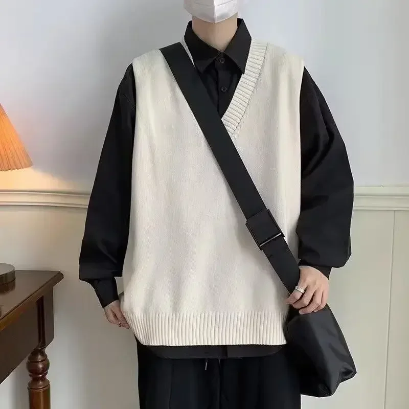 

Men's Knitted Vest Loose Fit Waistcoat Solid Color V Neck Sweaters Male Aesthetic Cheap Casual Vintage Korean Reviews Clothes