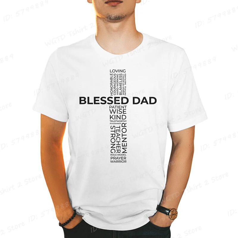 Christian Blessed Dad Cross Print T-shirts Father's Day T-Shirt Funny Daddy Shirt Short Sleeve Tees Gifts For Dad Men's T-shirts