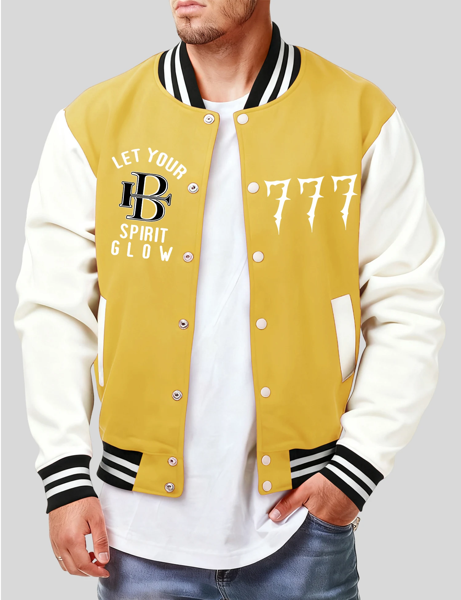 

Let Your Spirit Glow 777 Print Men Baseball Jackets Fashion Casual Coats Fleece Button Jersey Unisex Hot Sale Oversize Clothing