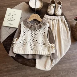 Baby Girls Sets Fashion Lace Collar Base Shirt Knitted Vest Corduroy Pants 2024 Autumn New Korean Style Kids Three Piece Sets