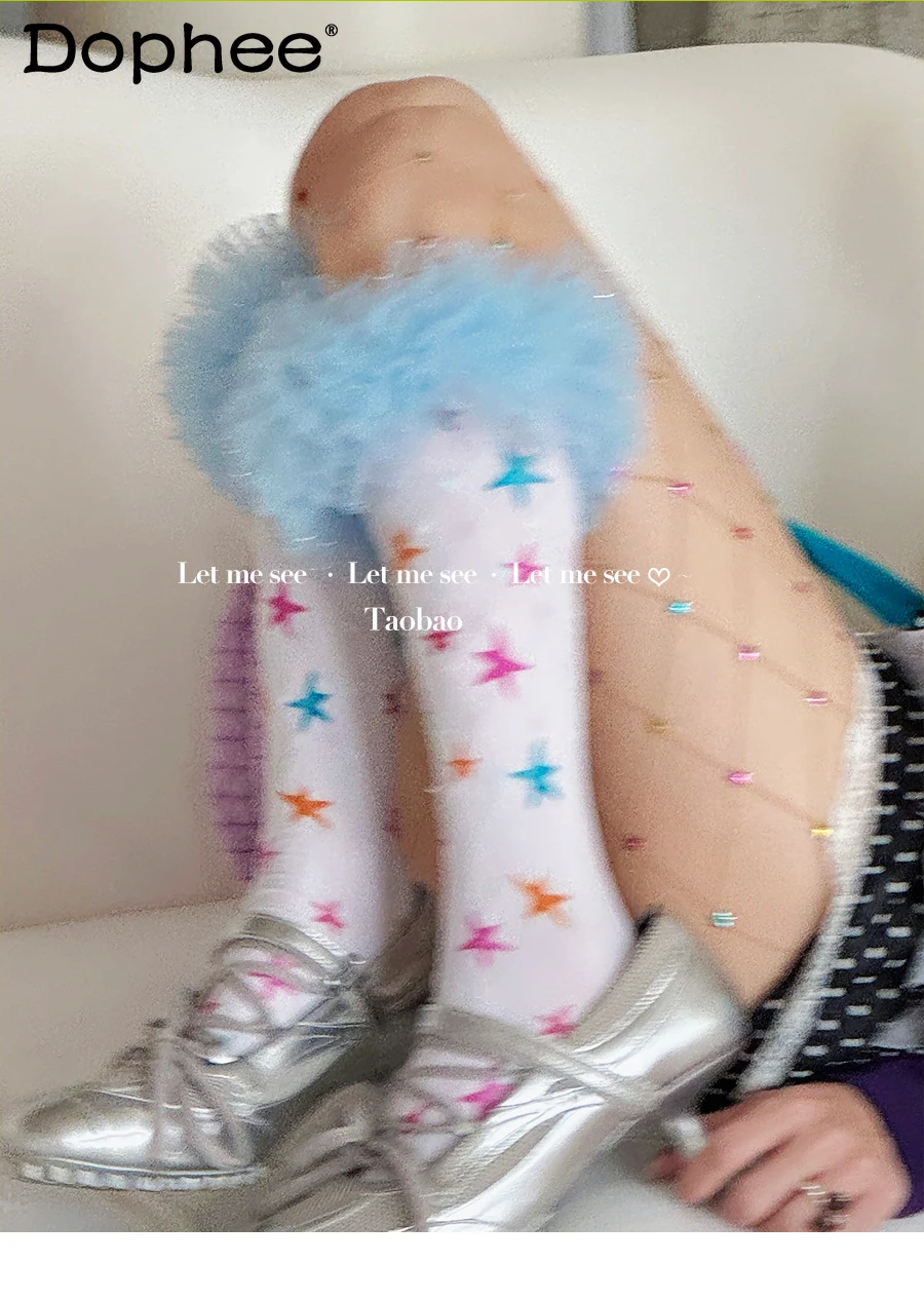 

Japanese Style Original Dreamy Girl Lolita Colorful Star White Calf Socks Lace Velvet Mid-Calf Women's Socks