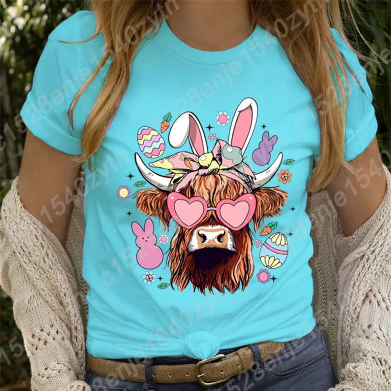 

Easter Day Cow Bunny Print T-shirt Women Summer Lovely Short Sleeve Casual Round Neck T Shirts Ladies Creative Personalized Tops