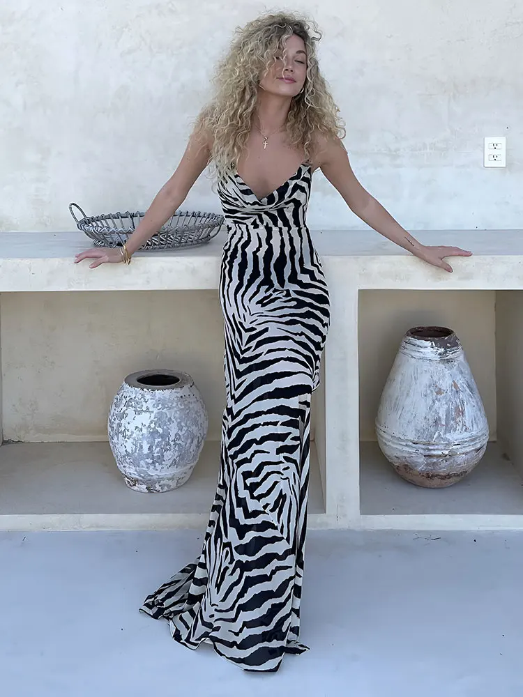 

2023 Sexy Spaghetti Strap Side Split Summer Beach Dress Summer Women Clothing Elegant Zebra Back Open Club Party Dresses A1144