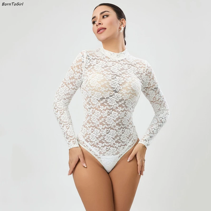 BornToGirl مثير ارتداءها النساء أسود أبيض Bodycon كم طويل قطعة واحدة سليم الدانتيل داخلية بذلة القمم بدلة للجسم Y2K