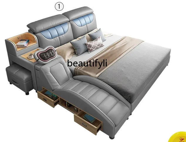 Leather bed Master bedroom queen bed Modern simple light luxury New intelligent massage Double leather bed