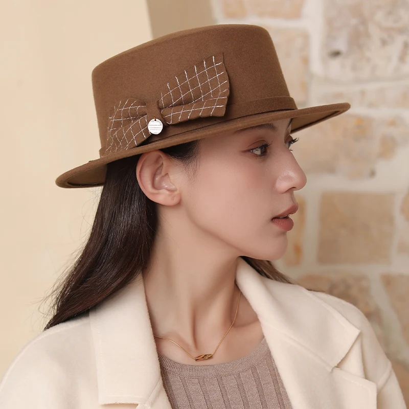 Hat Women's new spring and autumn wool felt hat French retro top hat women's Fashion Tie-in Flat Lady Hat Women's