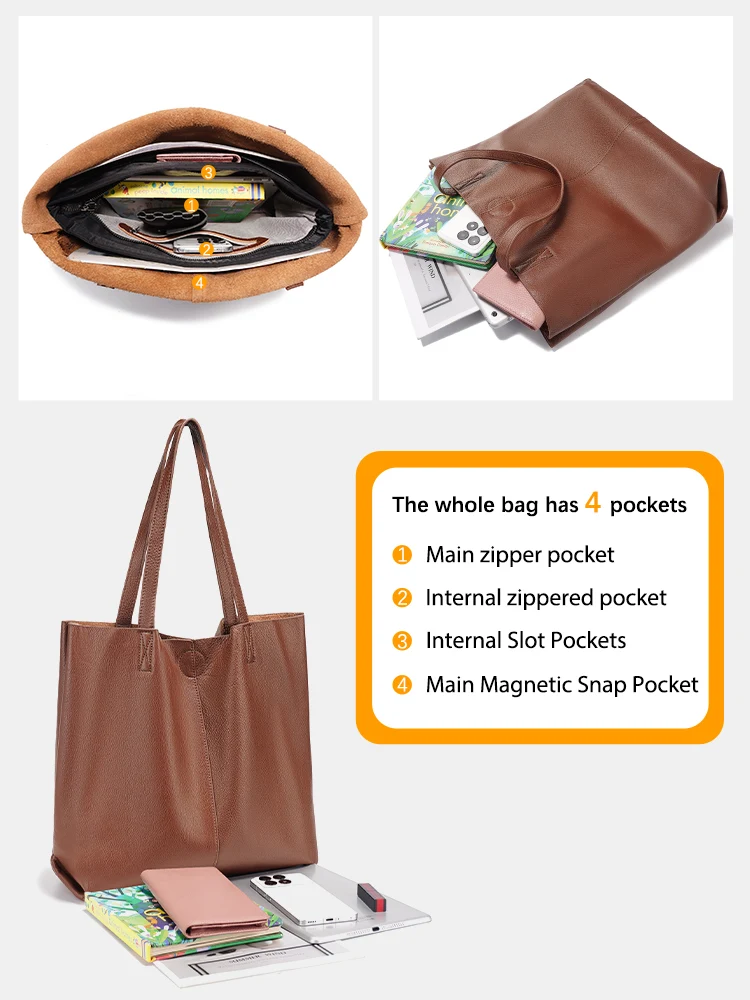 Zency 100 % echtes Leder Handtasche große Kapazität Damen Umhängetasche Retro Tote Geldbörse Einkaufstaschen Verbundtasche Naturleder