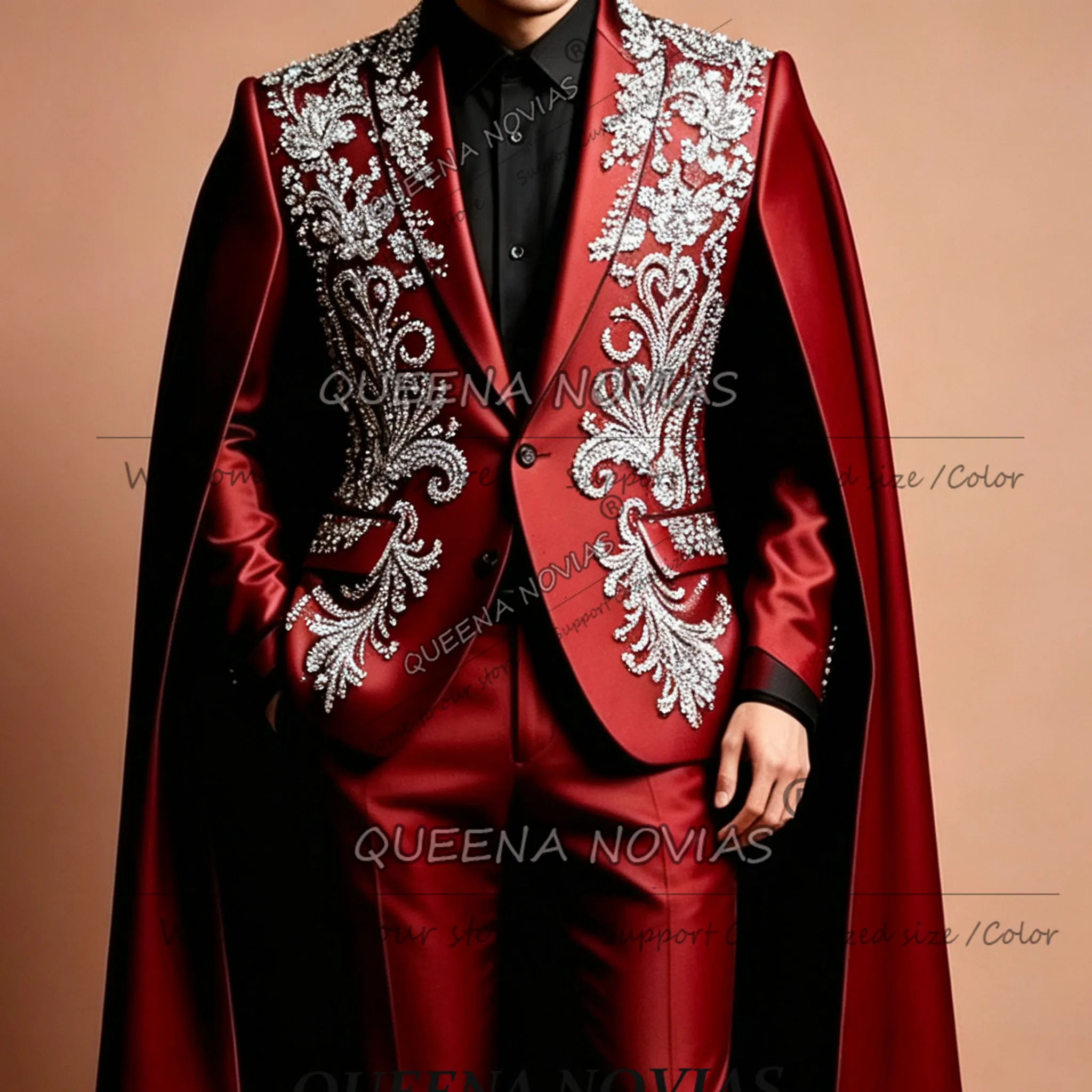 Exclusive Suits Men 2 Piece Sets Single Breated Prom Blazer With Cape Long Customized Crystals Beading Wedding Groom Tuxedos