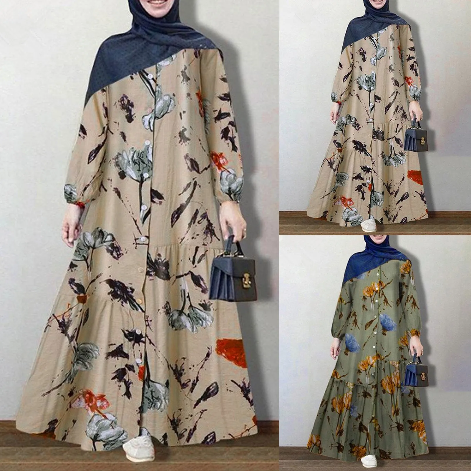 Dubai Abaya Muslim Woman Dress Women\'s Temperament Floral Printed Long Sleeve Buttoned Ankle Length Long Dress Ramadan Dresses