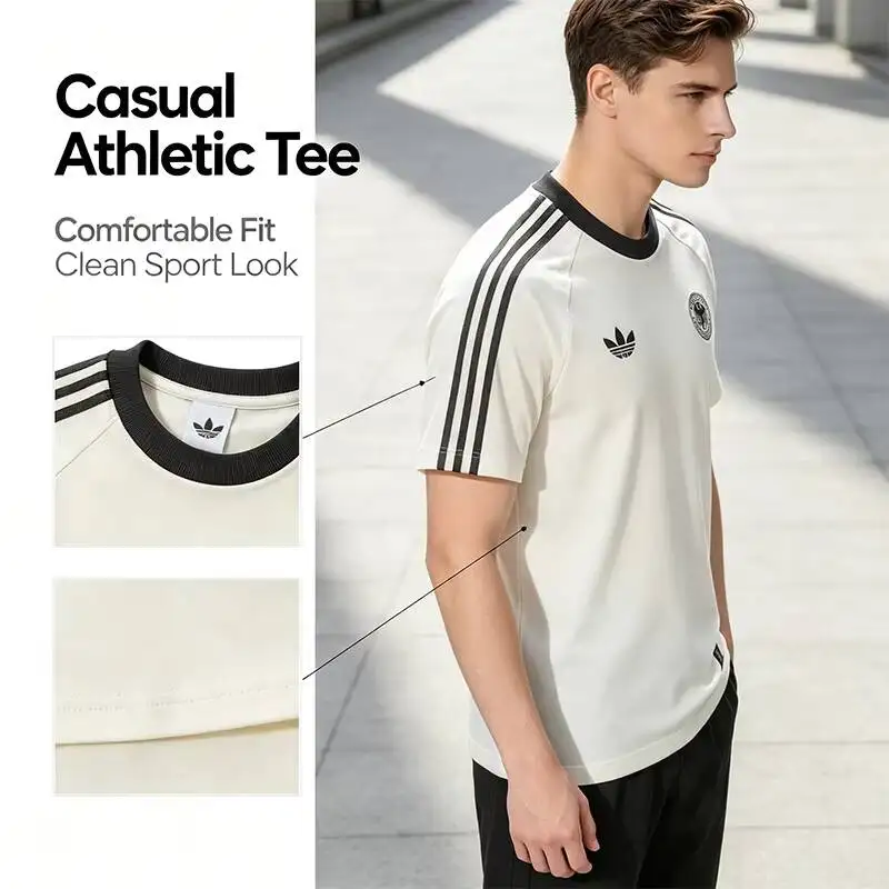 New Adidas Authentic T-Shirt Men's German Team Football-Themed Embroidered Three-Stripe Short-Sleeve Kg5098