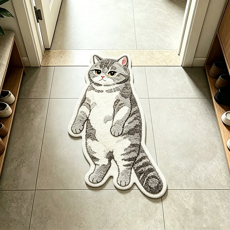 VIKAMA Doormat Standing Grey Cat Shaped Entryway Rug Vertical Cute Cat Floor Mat Soft Plush Non Slip for Bedroom Home Decor