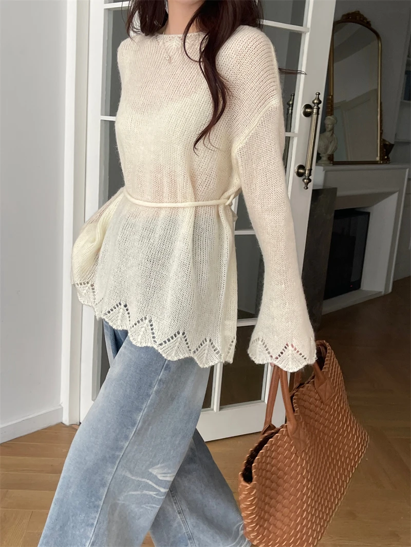 

Girl's solid color wool mohair soft glutinous long sleeved tied knit sweater pullover sweater Korean lazy style spring