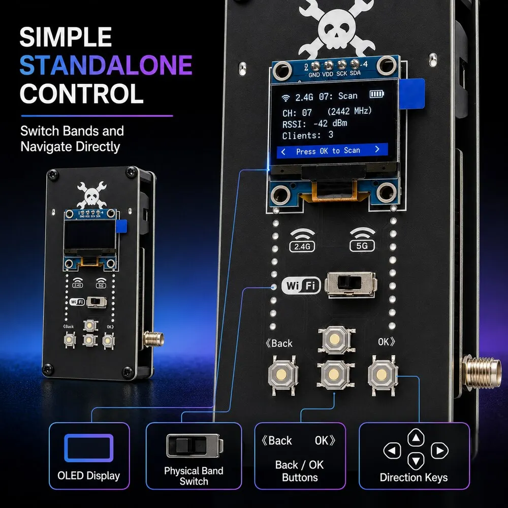 DualScope W5 ESP32 Dual-Band-WiFi-Scanner Drahtloses Entwicklungsboard 2,4GHz 5GHz mit OLED-Display für Netzwerkanalysen – Detail 4