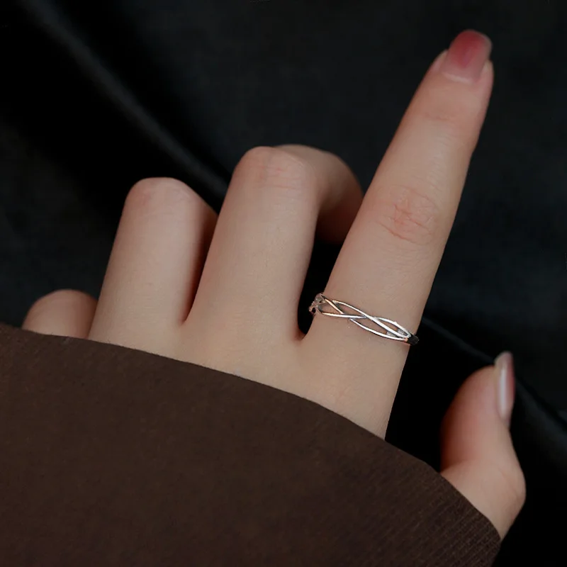 Real 925 Sterling Silver Geometric Line Winding Prime Circle Adjustable Rings for Women Fine Jewelry Minimalist Accessories