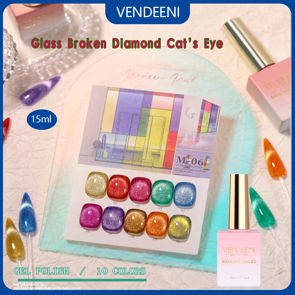 

Vendeeni 15ml Candy Glass Broken Diamonds Cat Eye Nail Varnish Soak Off UV Led Glitter Gel Nail Polish For Nail Art Gel Design