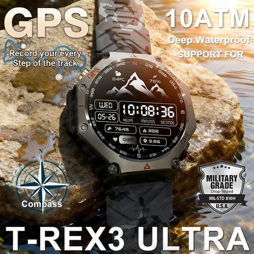 Reloj inteligente T-Rex 3 Ultra militar con GPS, resistente al agua hasta 10ATM, brújula, altímetro, barométrico AMOLED, llamada HD, reloj inteligente deportivo para hombres