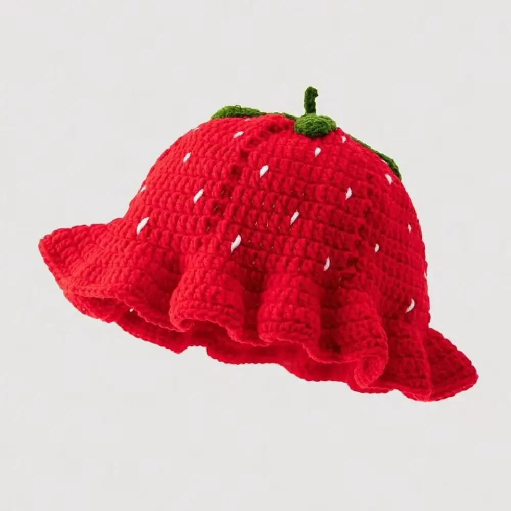 Creative Ruffle Strawberry Knitted Hat Fruit Shaped orange Knit Fisherman Hat Handmade Soft Knitted Bucket Hat Winter Autumn