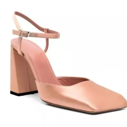 

Shaped Thick High Heel Patent Leather Mid-Cut Slingback Sandals Satin Square Toe Sexy Large Size Pumps Buckle Women's Shoes