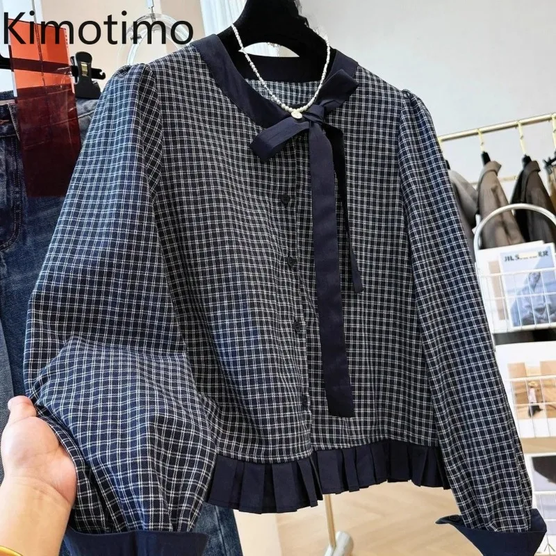 Kimotimo Korean Retro Plaid Bow Bandage Round Neck Shirt Women Autumn New Ruffles Design Long Sleeve Tops Sweet Y2k Blouse