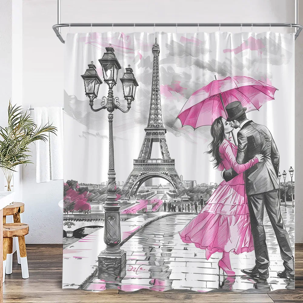 Vintage City Paris Tower Shower Curtain Romantic Lovers Street Lamp Watercolour Art Polyester Fabric Home Bathroom Curtain Decor