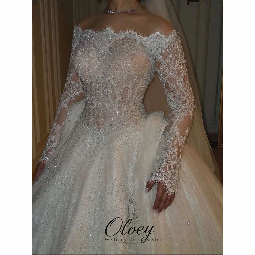 OLOEY Customized Luxurious Beading Lace Bridal Gown Off The Shoulder Long Sleeve A-Line Wedding Dresses Vestidos De Novia