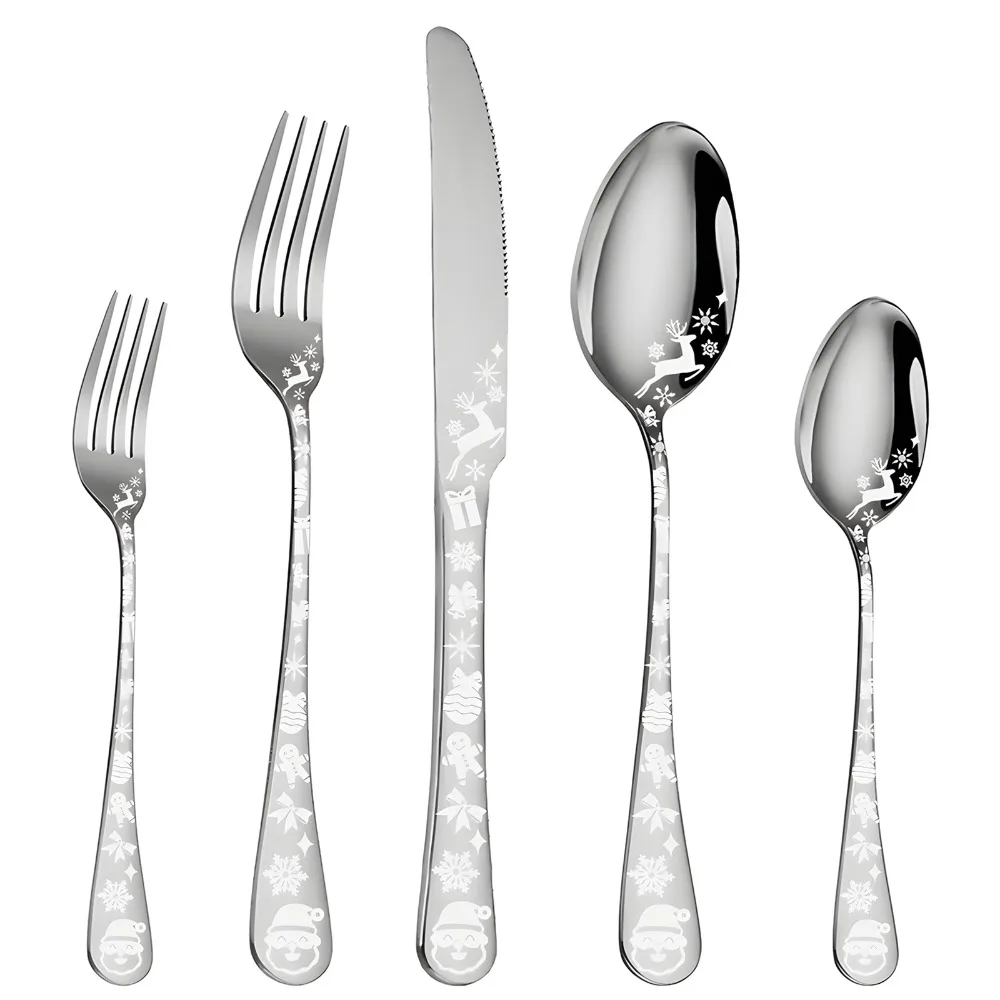 20 PCS Stainless Steel Silverware Set Silver Christmas Pattern Flatware Cutlery Set Round Edge Easy to clean