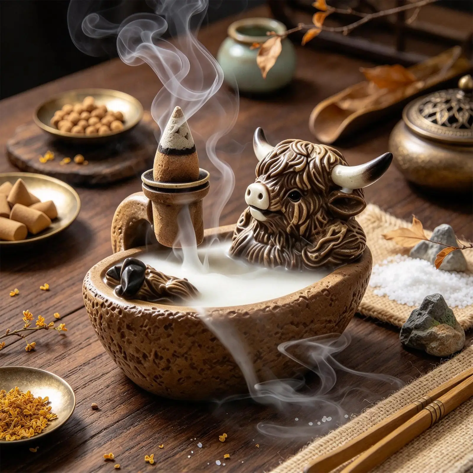 Funny Cow Bathtub Design Waterfall Fog Backflow Bowl Stick Incense Holder for Home Room Altar Yoga Spa Outdoor