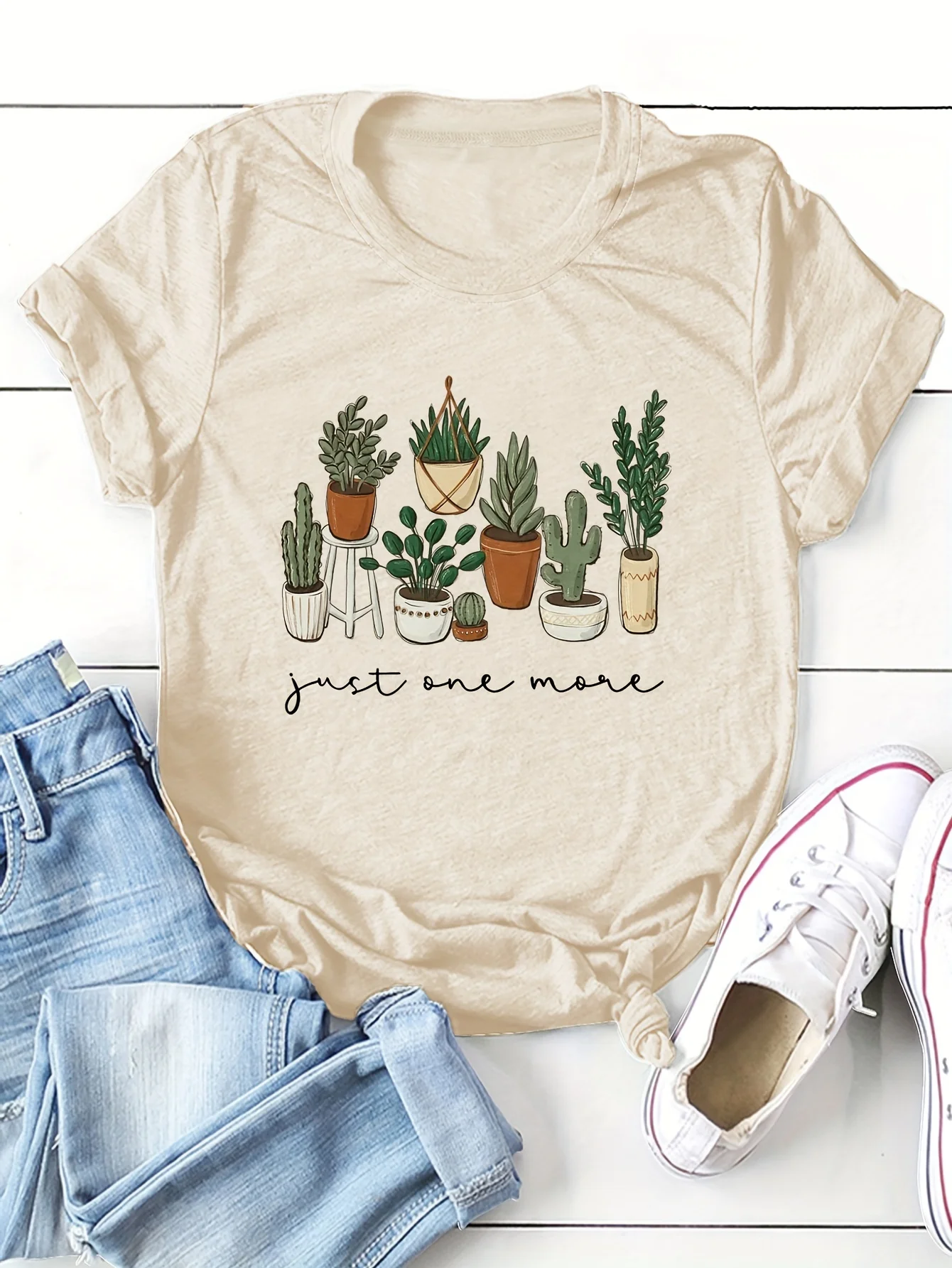 Cactus & Letter Print T-Shirt, Crew Neck Short Sleeve T-Shirt, Casual Every Day Tops, Women's Clothing