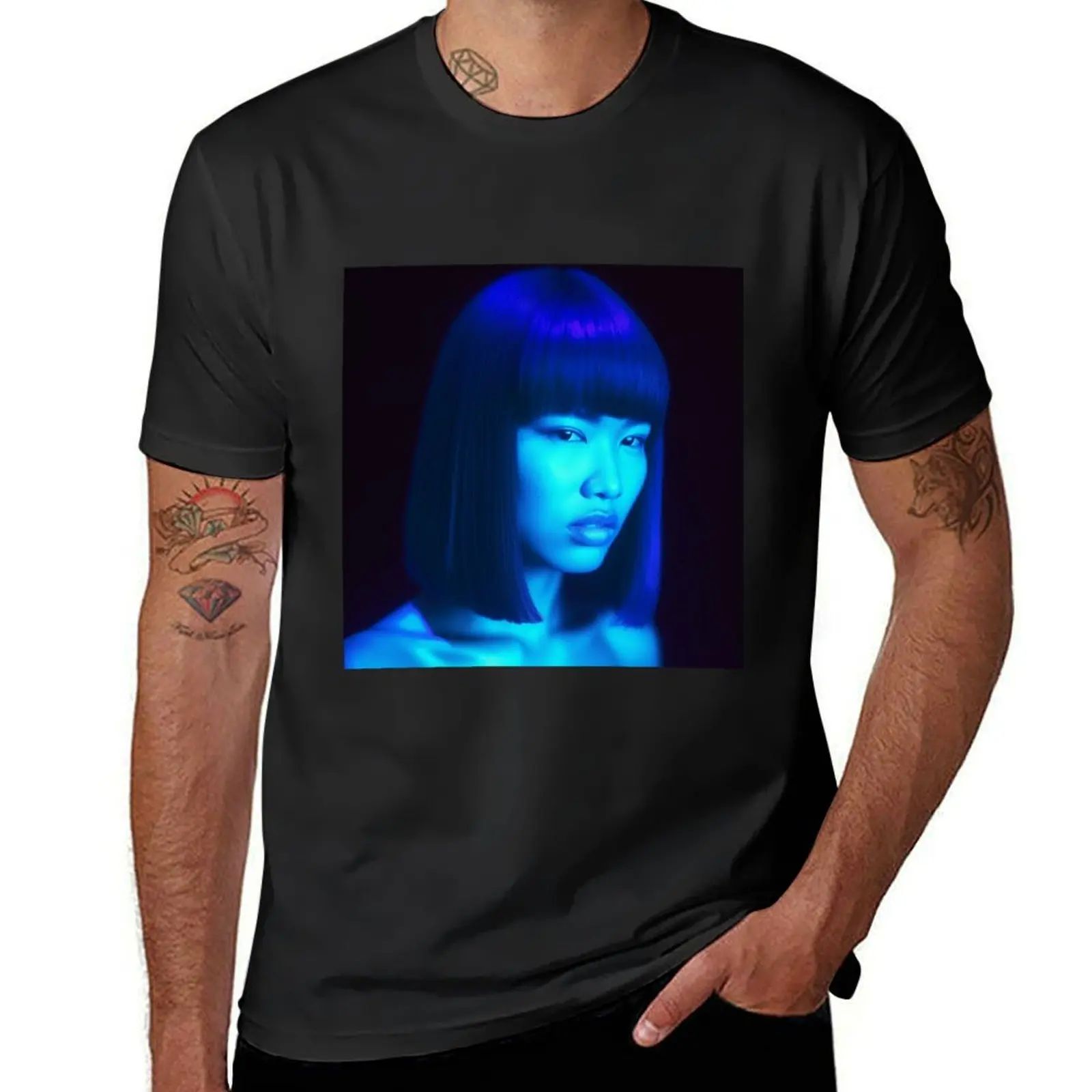 asian girl with black hair with blue light T-Shirt anime sweat kawaii clothes tees T-shirts for men cotton