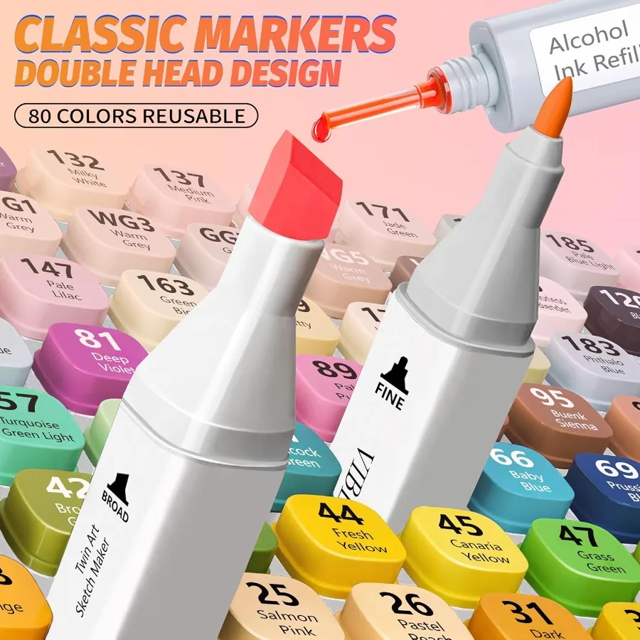 علامات كحول VIBEX 80 لونًا - علامات فنية دائمة ذات طرف مزدوج مع قاعدة منظمة لرسم تلوين الرسوم المتحركة النابضة بالحياة مثالية f