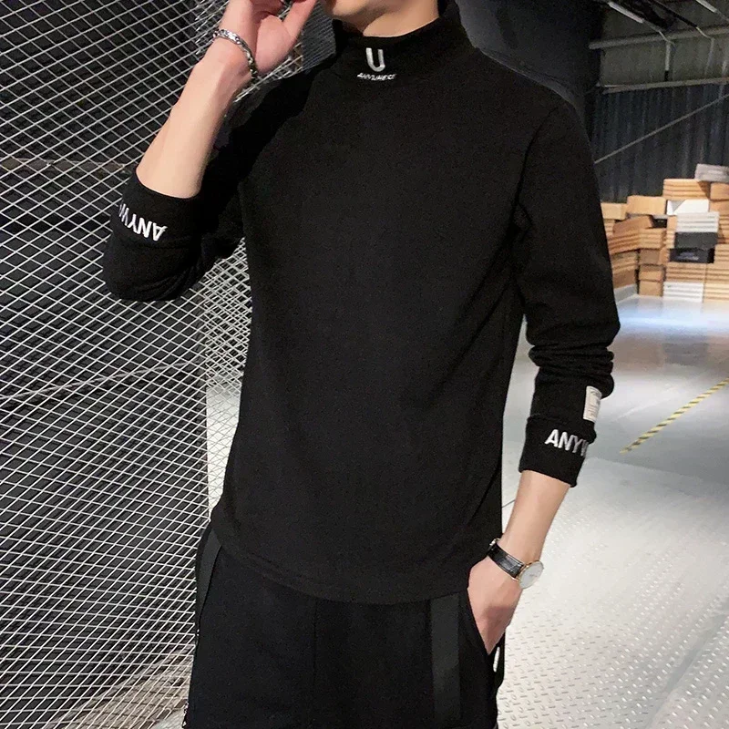 2025 camisetas de cachemira para hombre, camiseta de manga larga con letras bordadas, ropa de calle de cuello alto para hombre, camisetas casuales, camiseta de moda para hombre