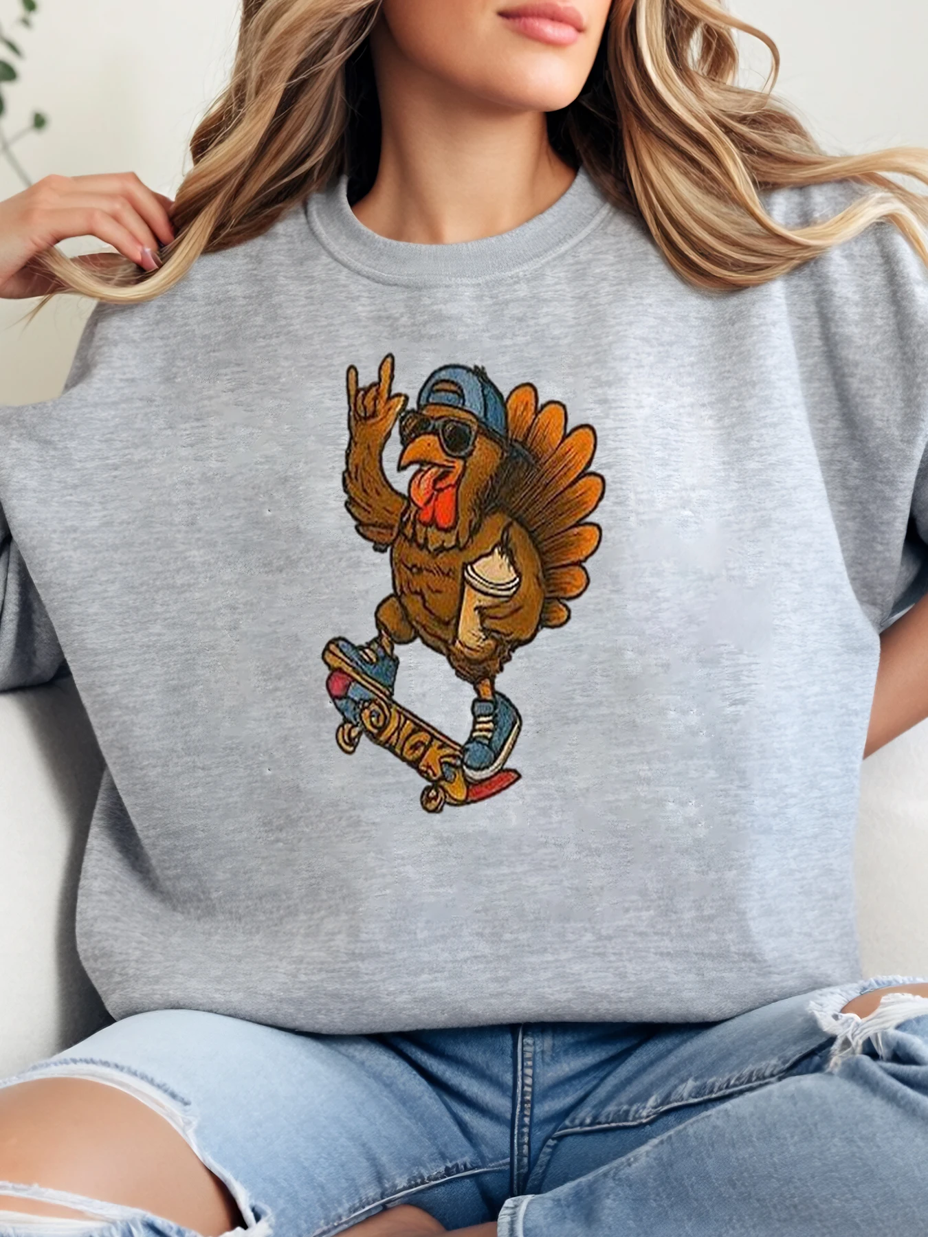 

Толстовка с круглым вырезом и принтом для скейтбординга в Турции, женская повседневная одежда, серый, больших размеров