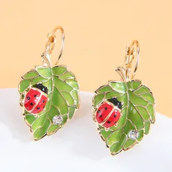 Fashion Enamel Oil Leaf and Ladybird Dangle Earrings For Women gold Color Hanging Earring Party Jewelry Gift