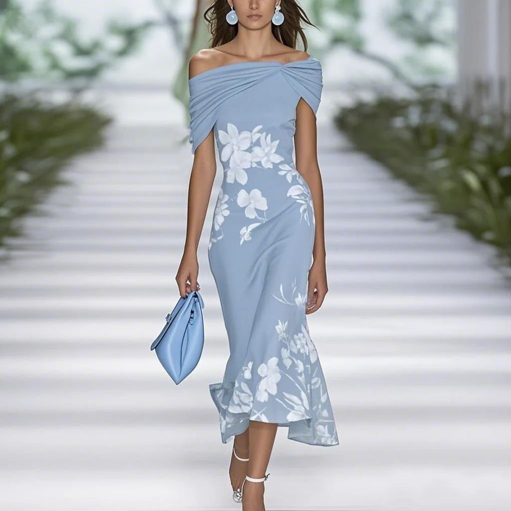 

Fashion Floral Print Dress Sexy Off-shoulder short sleeves Bodycon Party Maxi Dresses 2026 New Hollow High Waist Wrap Hip Dress