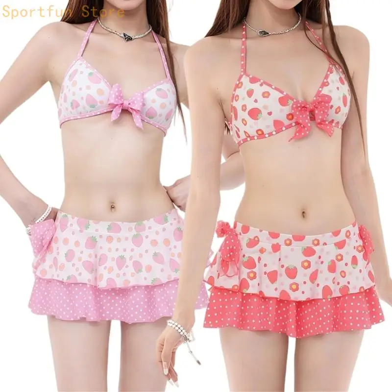 Fun Strawberry Print Tie Side Bathing Suit Set for Women at Swimming Pool X7JD
