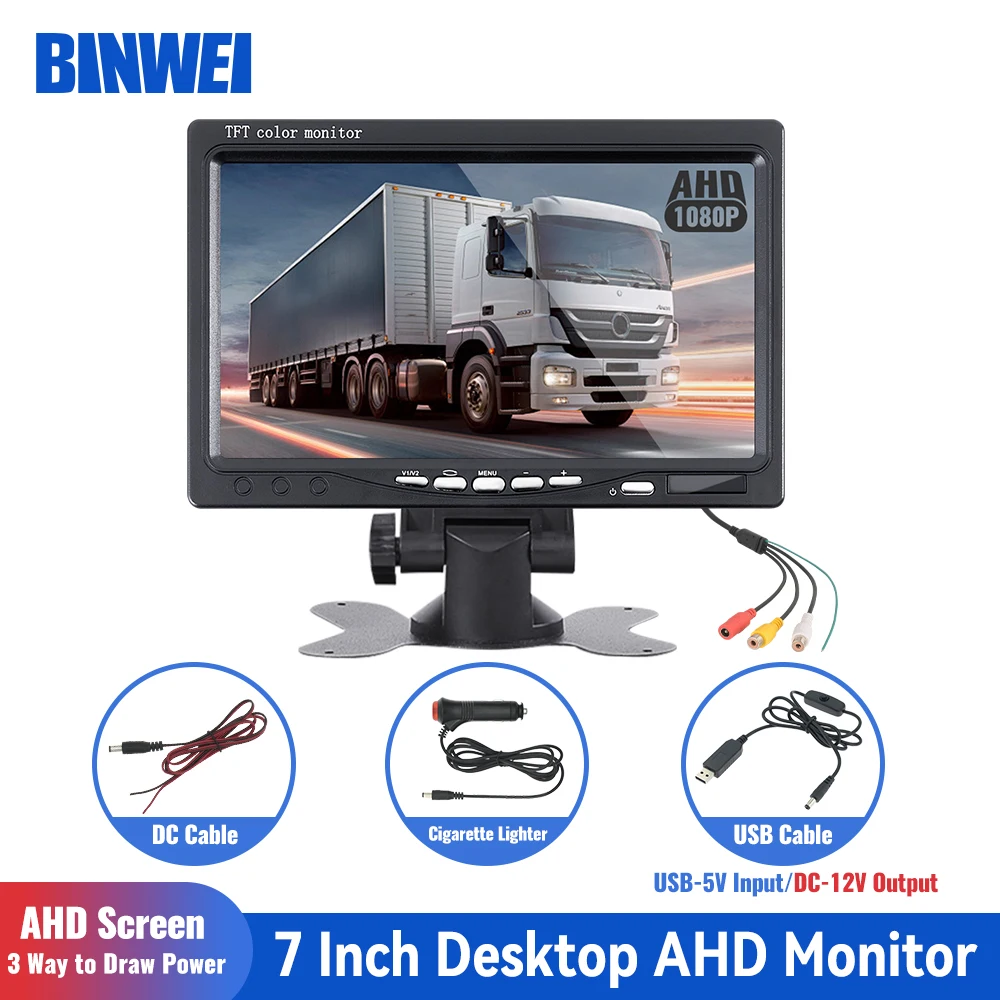 

BINWEI AHD 7 Inch Car Monitor 1024*600 Screen With 2 Way Video Input TFT LCD Display for Rear View Camera Parking Backup Reverse