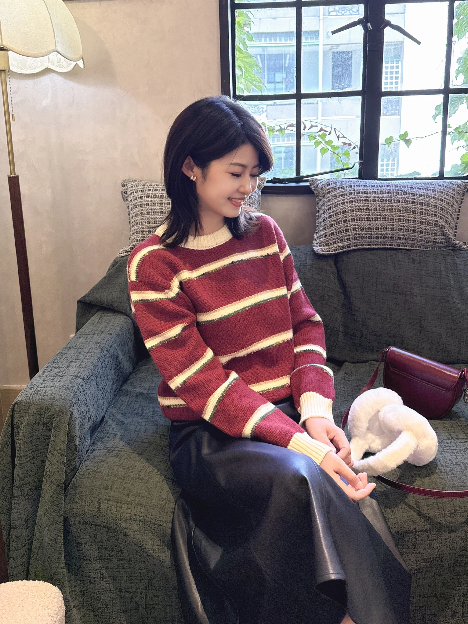 

Loose round Ne Women's Knitted Sweater Striped Base Layer Winter Warm Fce Soft Wool Blend Comfortable Lazy Sle Top