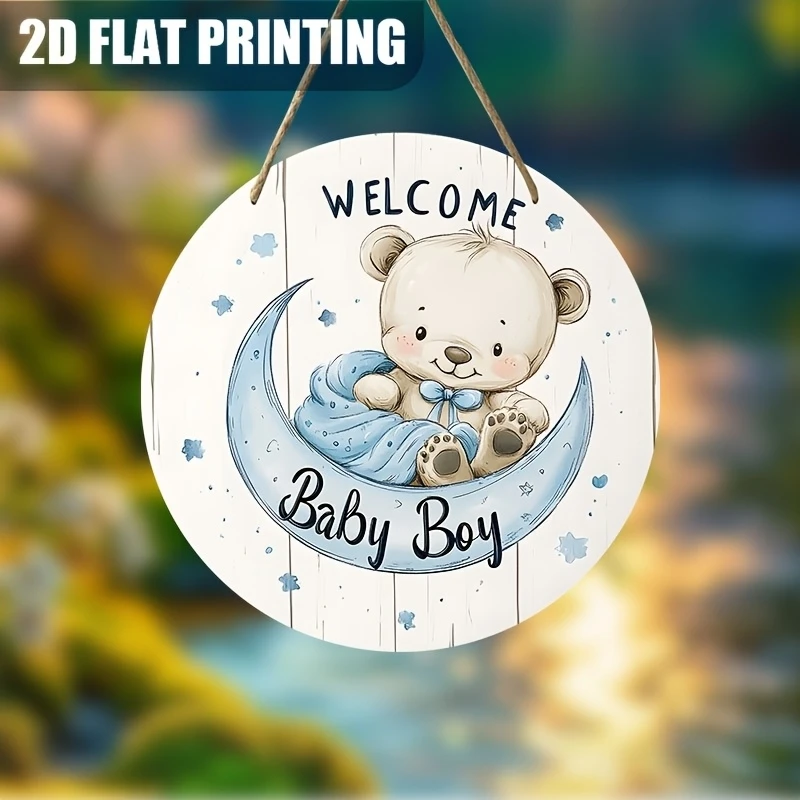 2D Blue Moon Little Bear Wooden round Disc Baby Nameplate Boys Children's Room Decor Personalized Customizable Engraved Plaque
