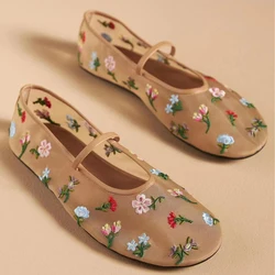 Summer New Mesh Ballet Flats Round Toe Floral Embroidery Mary Jane Shoes Black White Apricot Slip On Elegant Casual Women Shoes