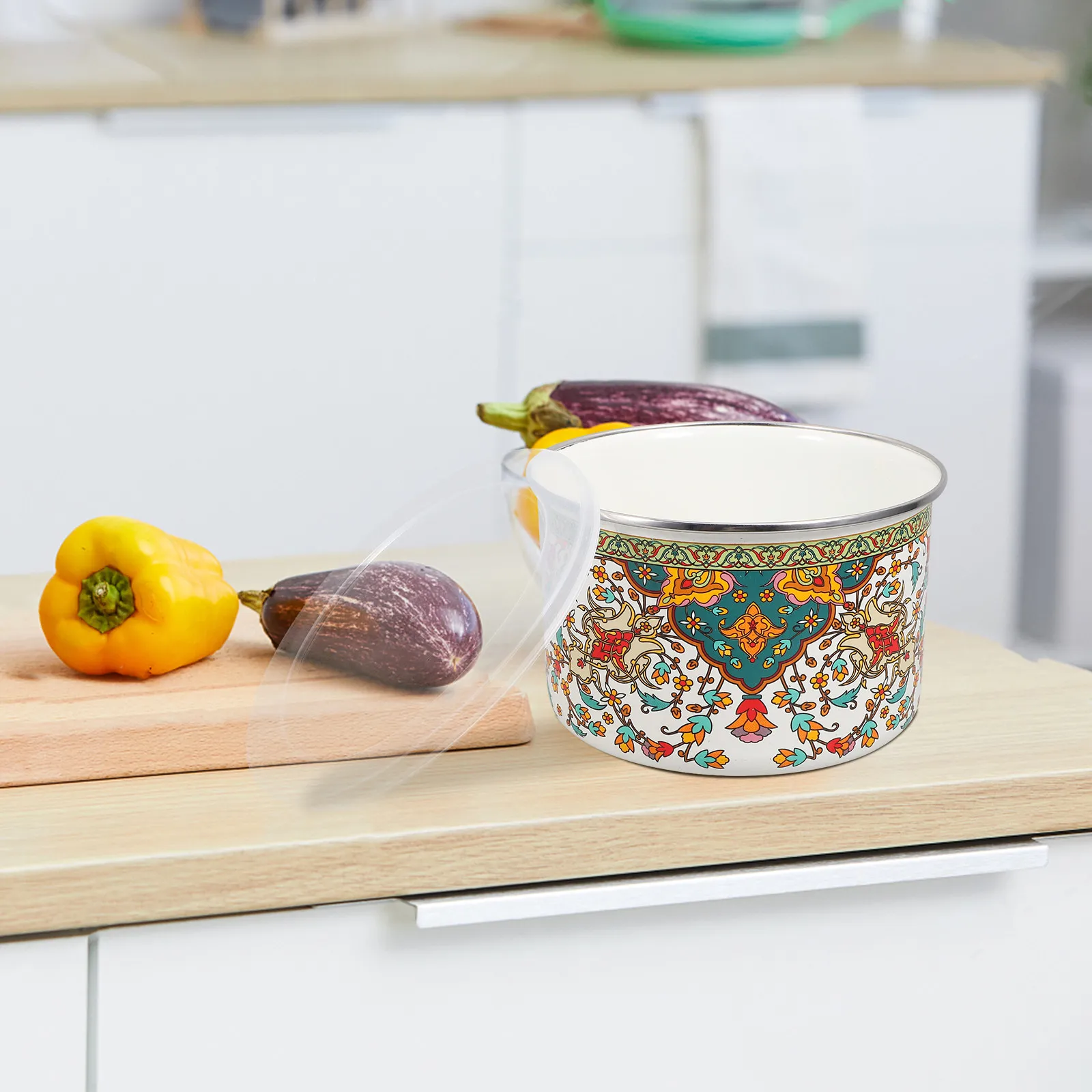 

5Pcs Enamel Bowl Set Vintage Style Soup Noodle Salad Bowls Transparent Lids Food Storage Kitchen Supplies Enamel Bowl