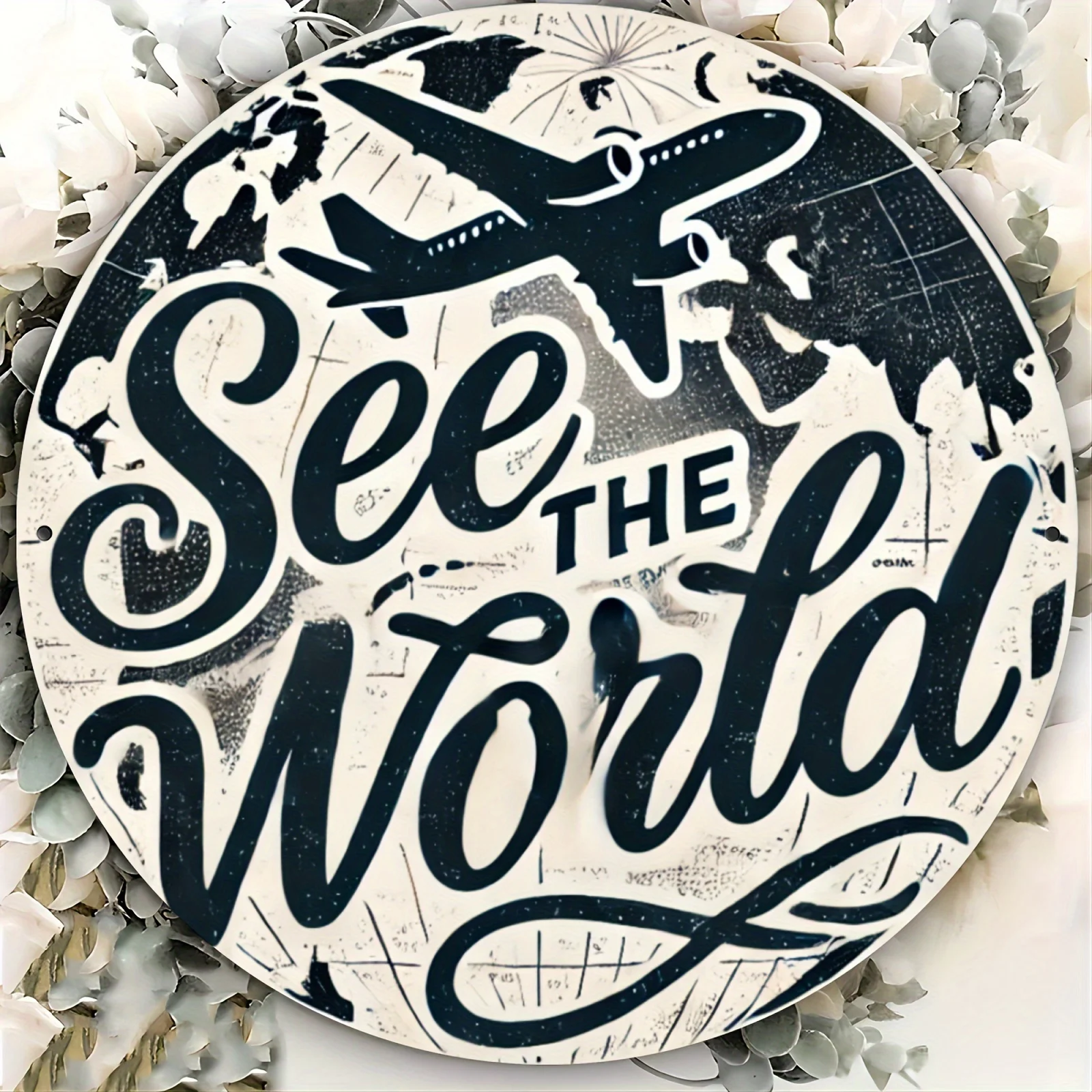 قطعة واحدة من لوحة جدارية كلاسيكية "See the World" ذات طابع دائري من القصدير المعدني - لوحة ديكور حديدية للمنزل والمزرعة والشرفة وغرفة النوم #4