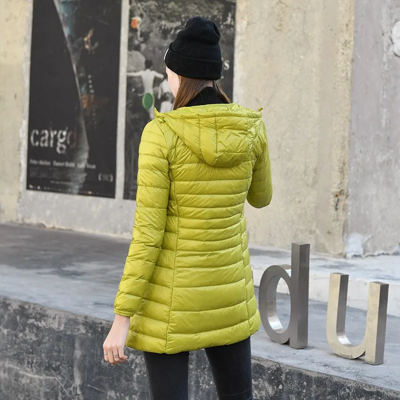 Women's Winter Korean Style Lightweight Slim Fit Hooded Mid Long Jacket Winter Female Solid Color Zipper Closure Long Sleeve