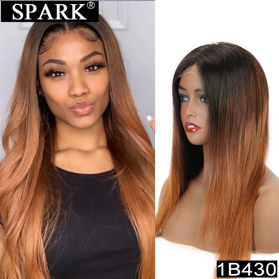 SPARK-Ombre Lace peruca dianteira, cabelo humano, pré arrancado com cabelo de bebê, perucas coloridas, 13x4, 180 Densidade, 1B, 4/30