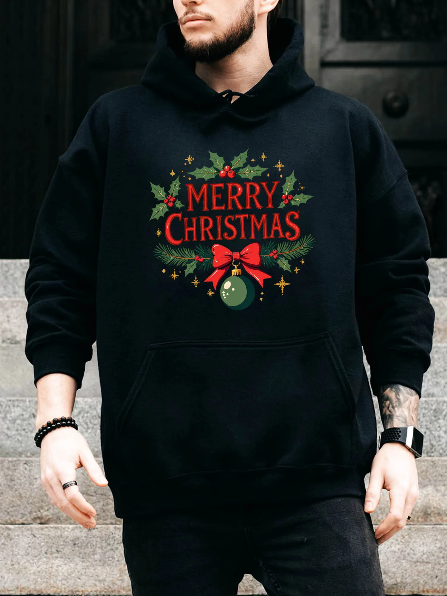 

Мужская толстовка с капюшоном на шнурке Merry Christmas Bell — повседневный удобный черный пуловер, осенне-зимняя толстовка с капюшоном